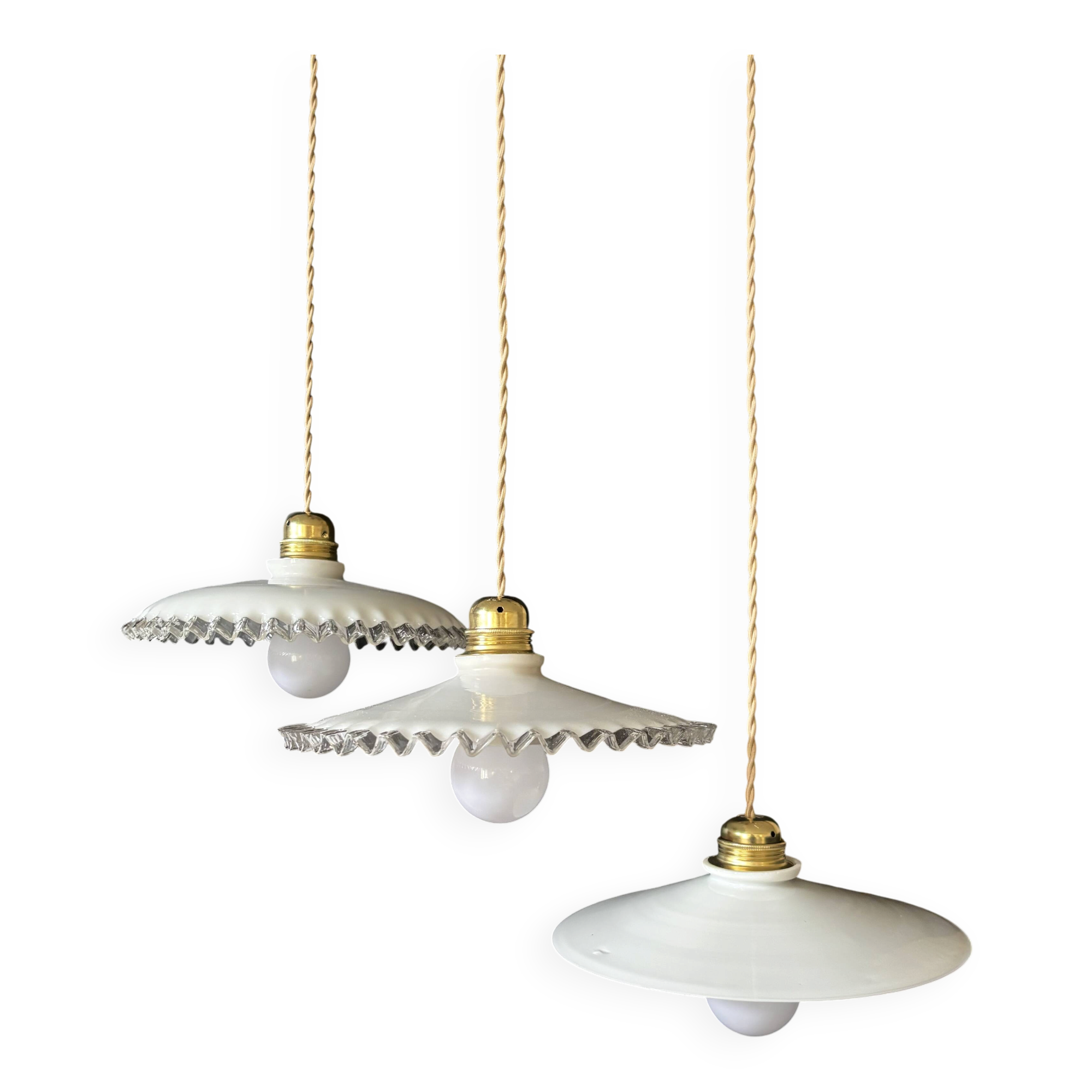 Set of 3 vintage white opaline pendants, including 2 scalloped and 1 lily.