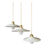 Set of 3 vintage white opaline pendants, including 2 scalloped and 1 lily.