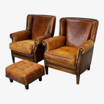 Vintage dutch cognac colored leather club chair, set of 2 with footstool