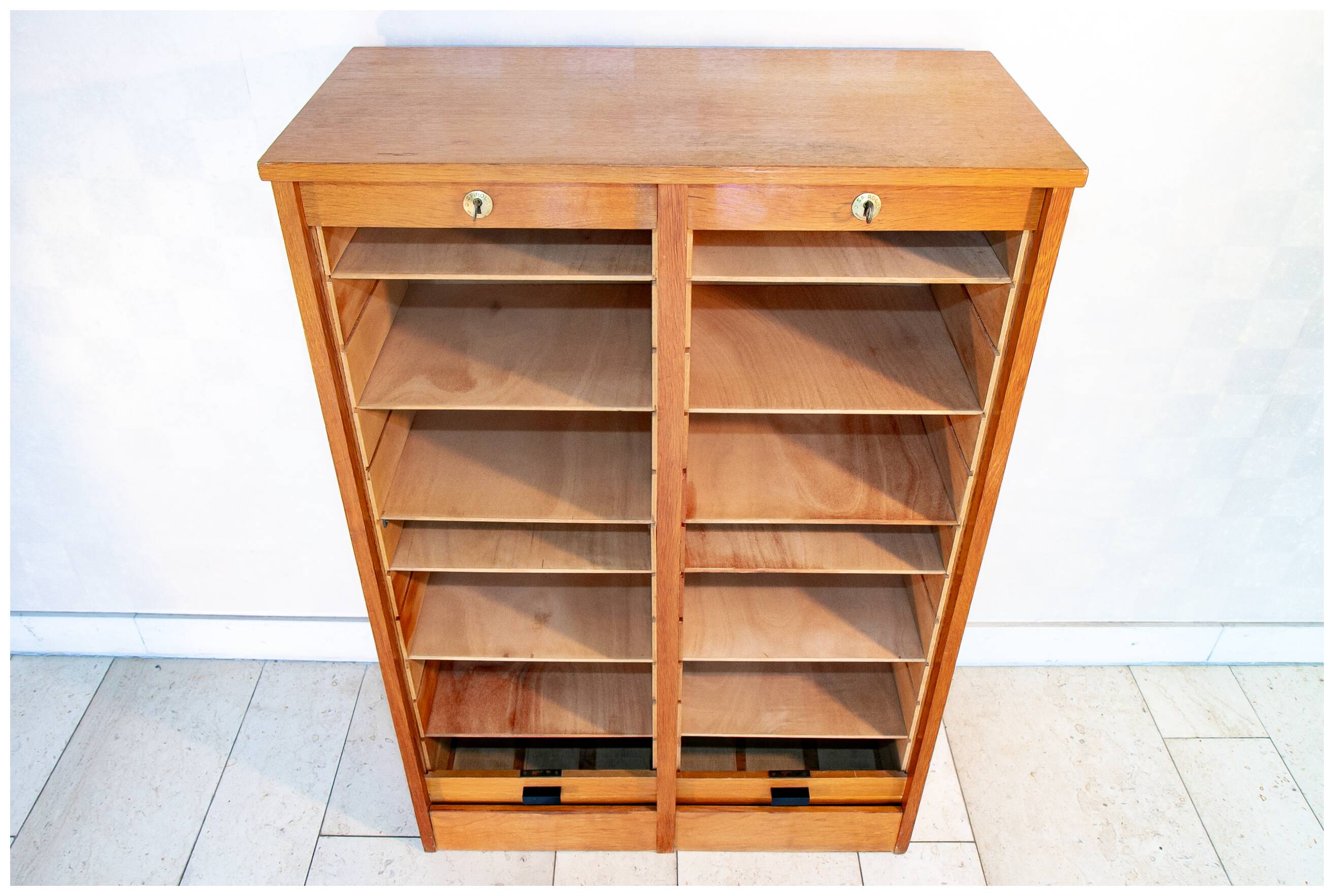 Double curtain file cabinet, 1950s, light oak