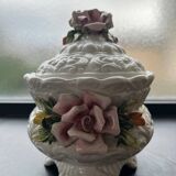 Capodimonte-style porcelain lidded sugar bowl with floral relief