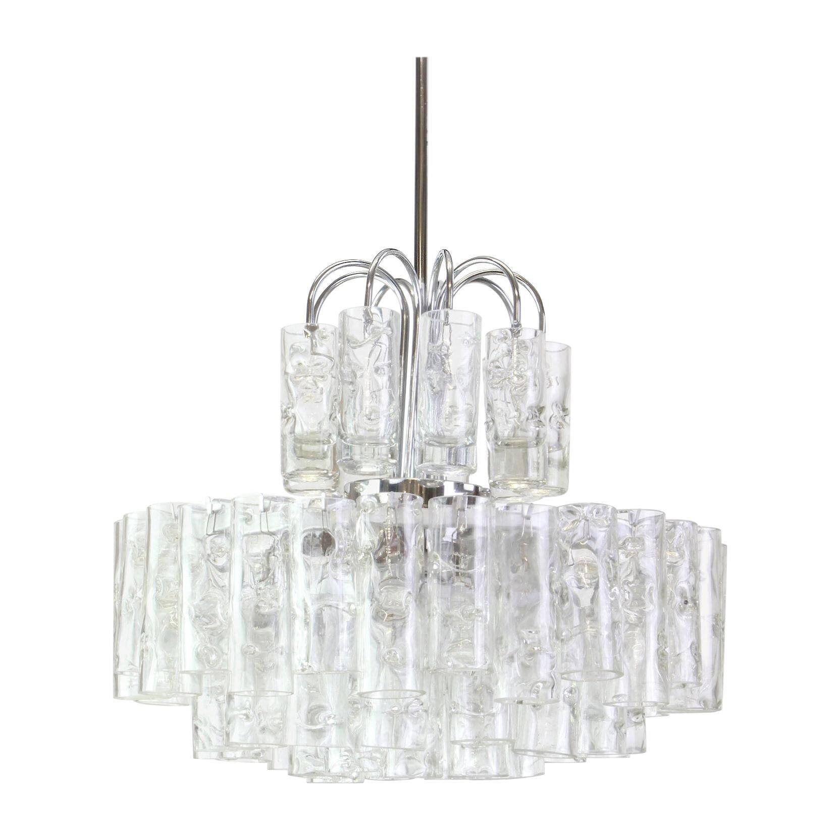Superb glass tube chandelier in Murano ice by Doria, Germany, 1960s.