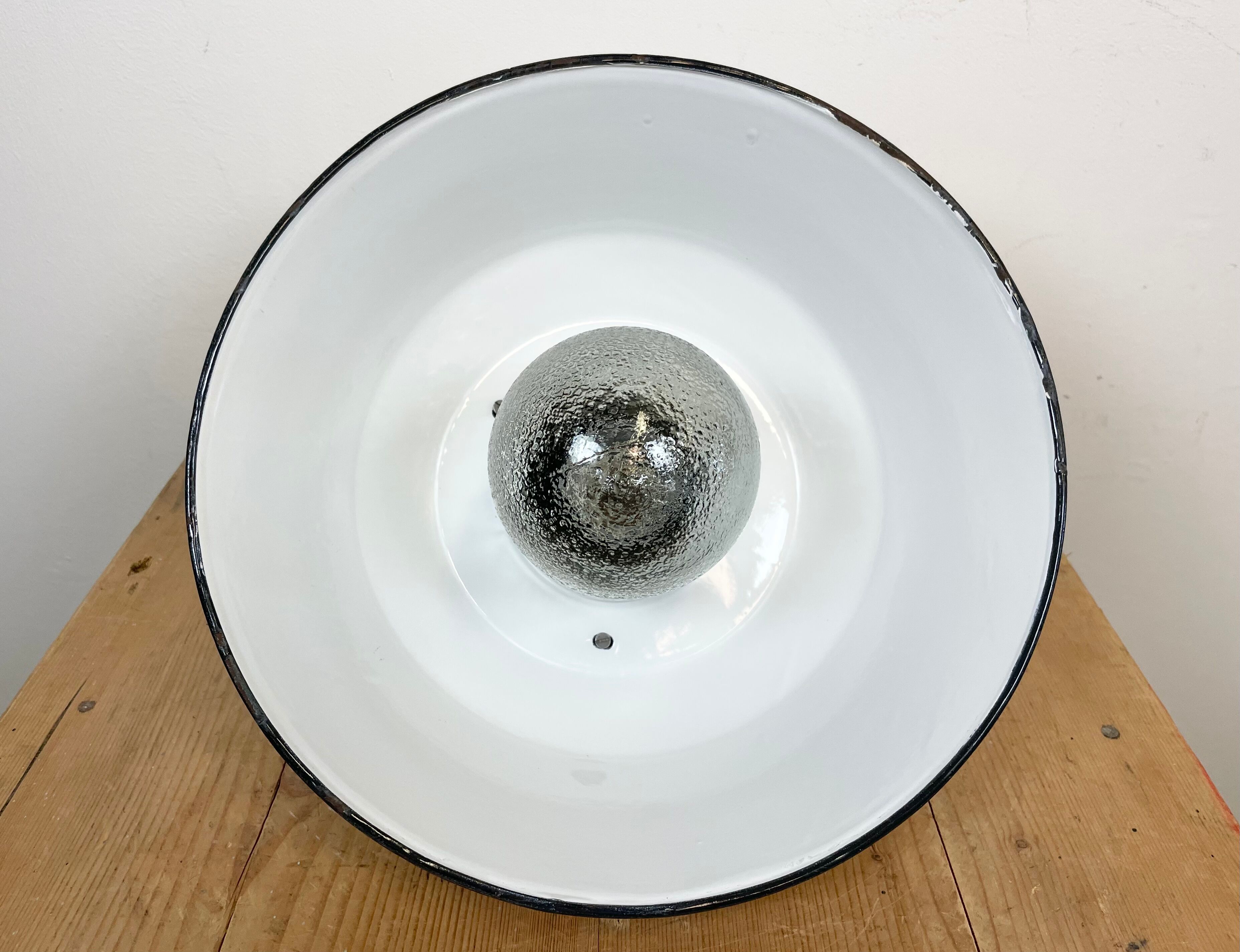White Enamel and Cast Iron Industrial Pendant Light with Glass Cover, 1960s