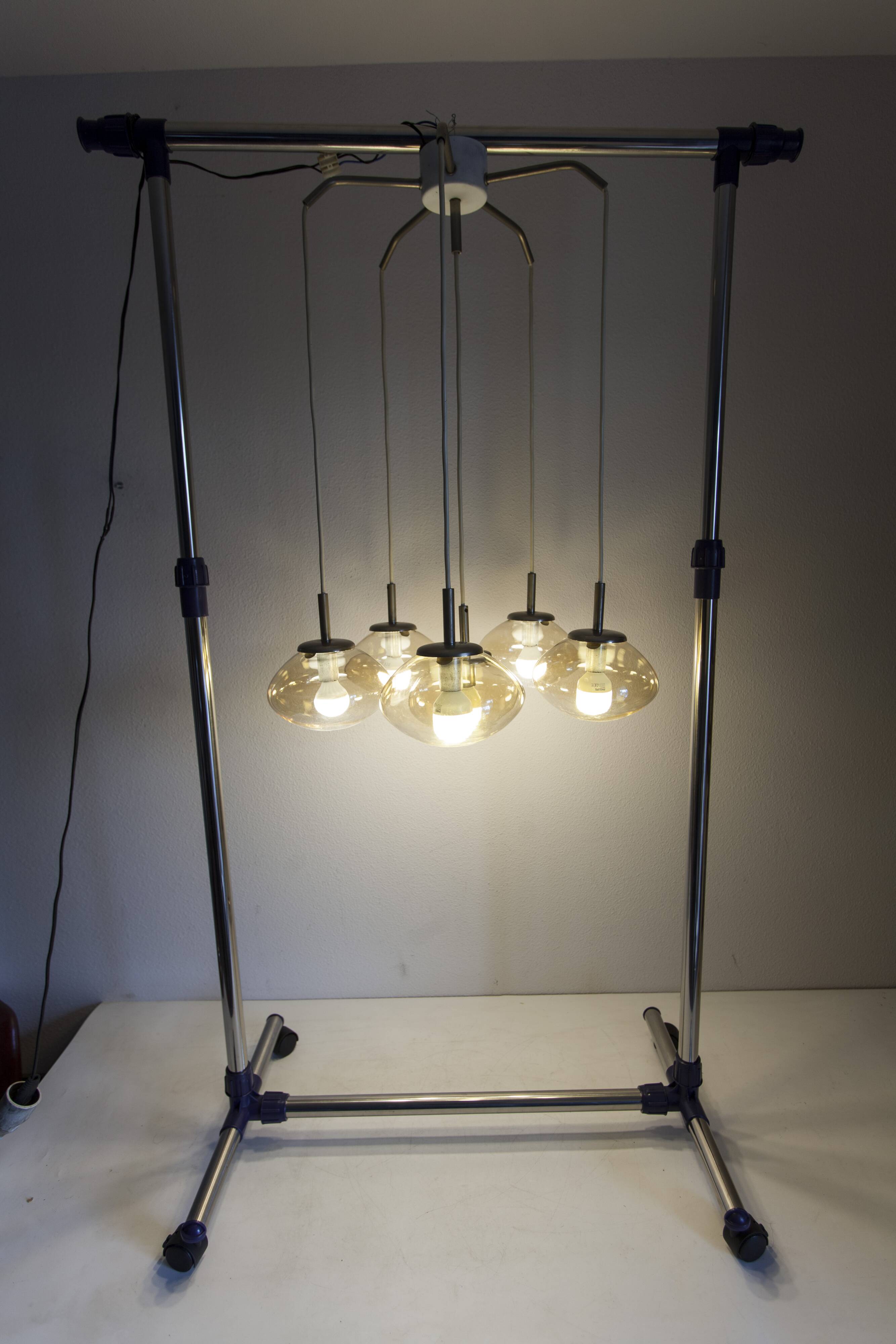 Light smoked glass water drop chandelier with 6 drops from the 1960s.