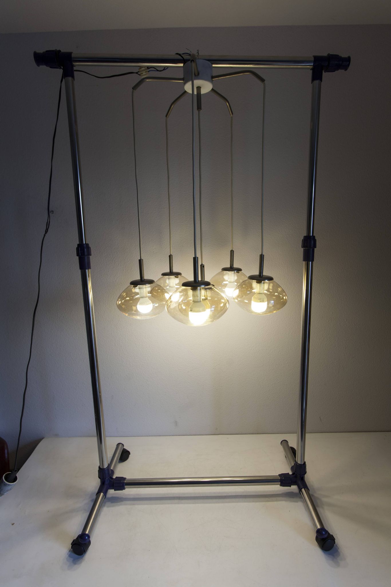 Light smoked glass water drop chandelier with 6 drops from the 1960s.