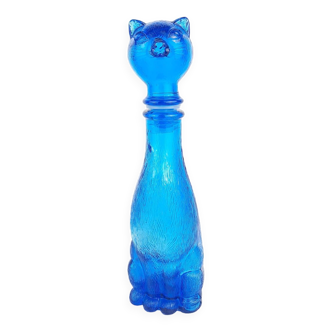 Bouteille de chat en verre bleu Empoli vintage