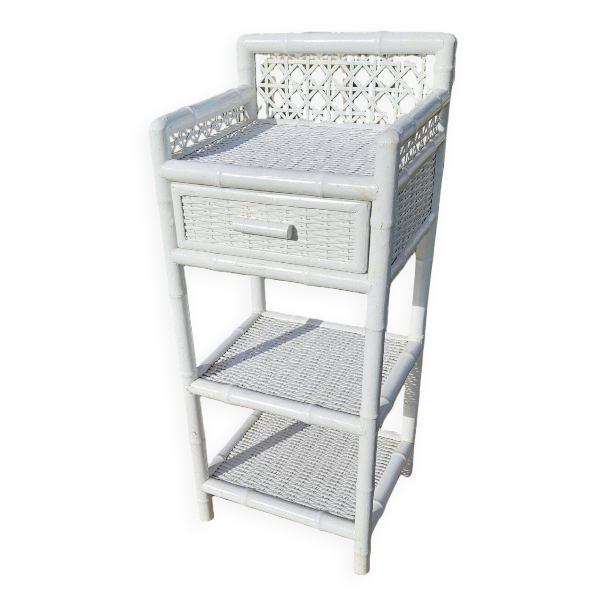 Vintage White Woven Rattan Bedside Table