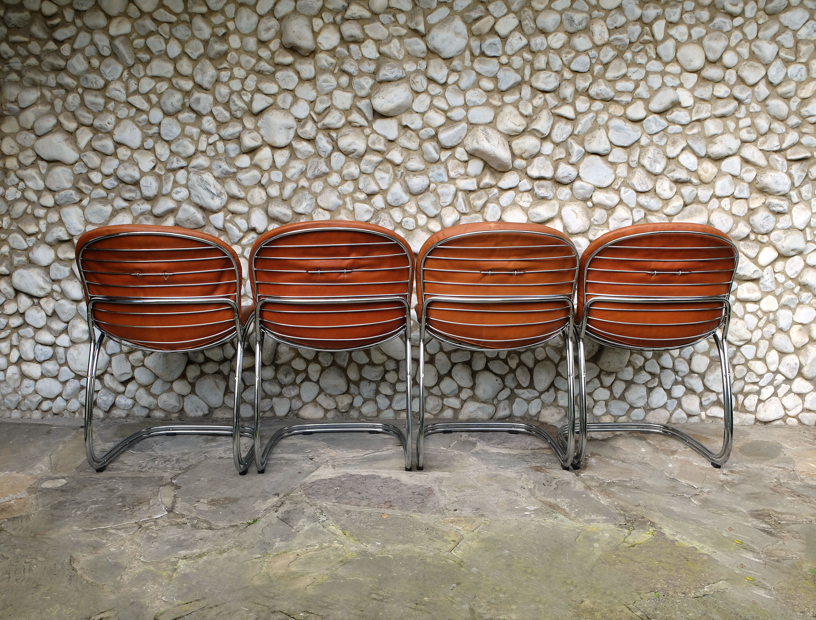 Series of 4 chairs Sabrina design Gastone Rinaldi for Rima, tawny leather, 1970