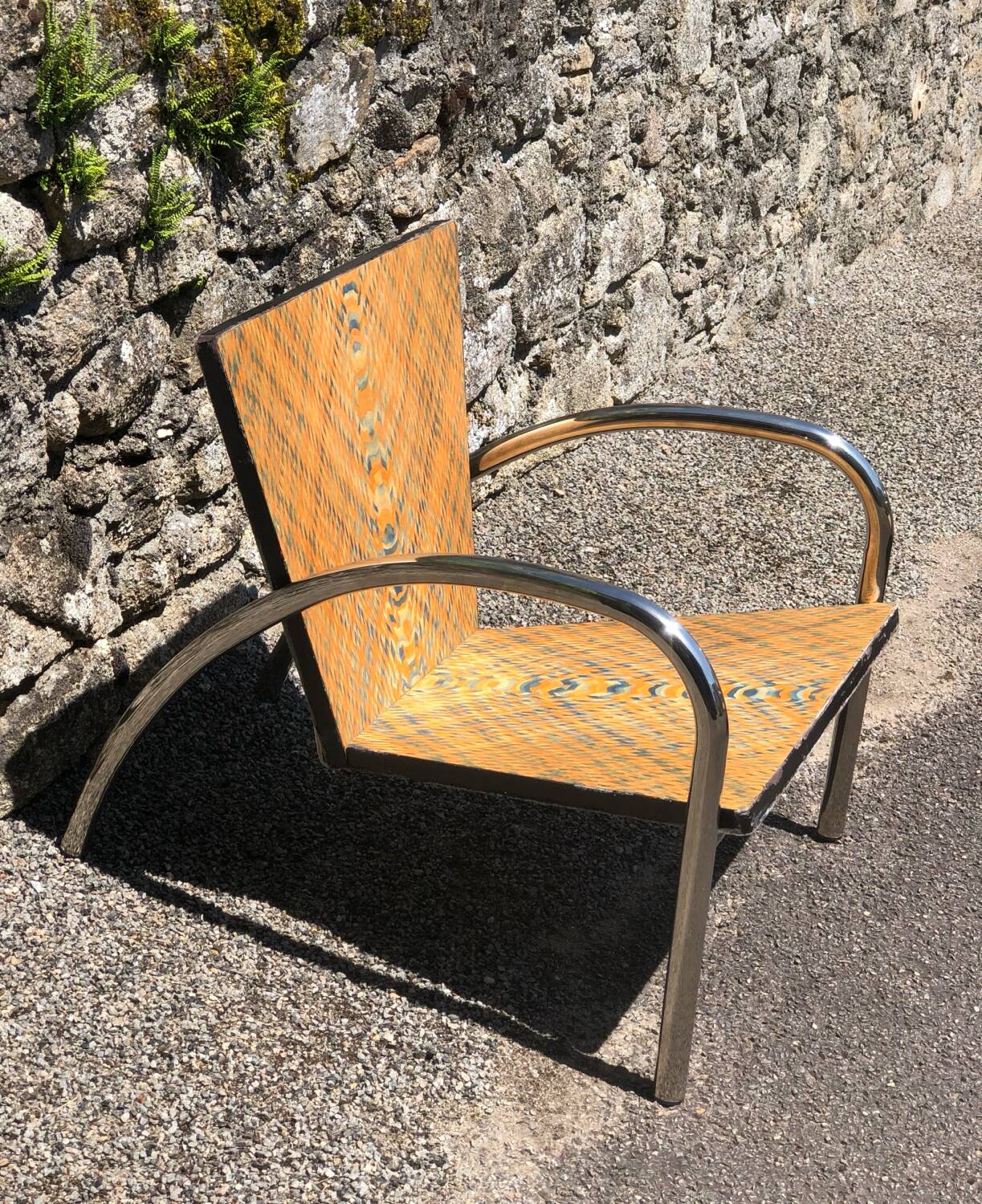 Pair of 2 atypical armchairs wood, chrome and leather vintage 1980