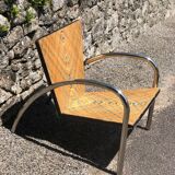 Pair of 2 atypical armchairs wood, chrome and leather vintage 1980
