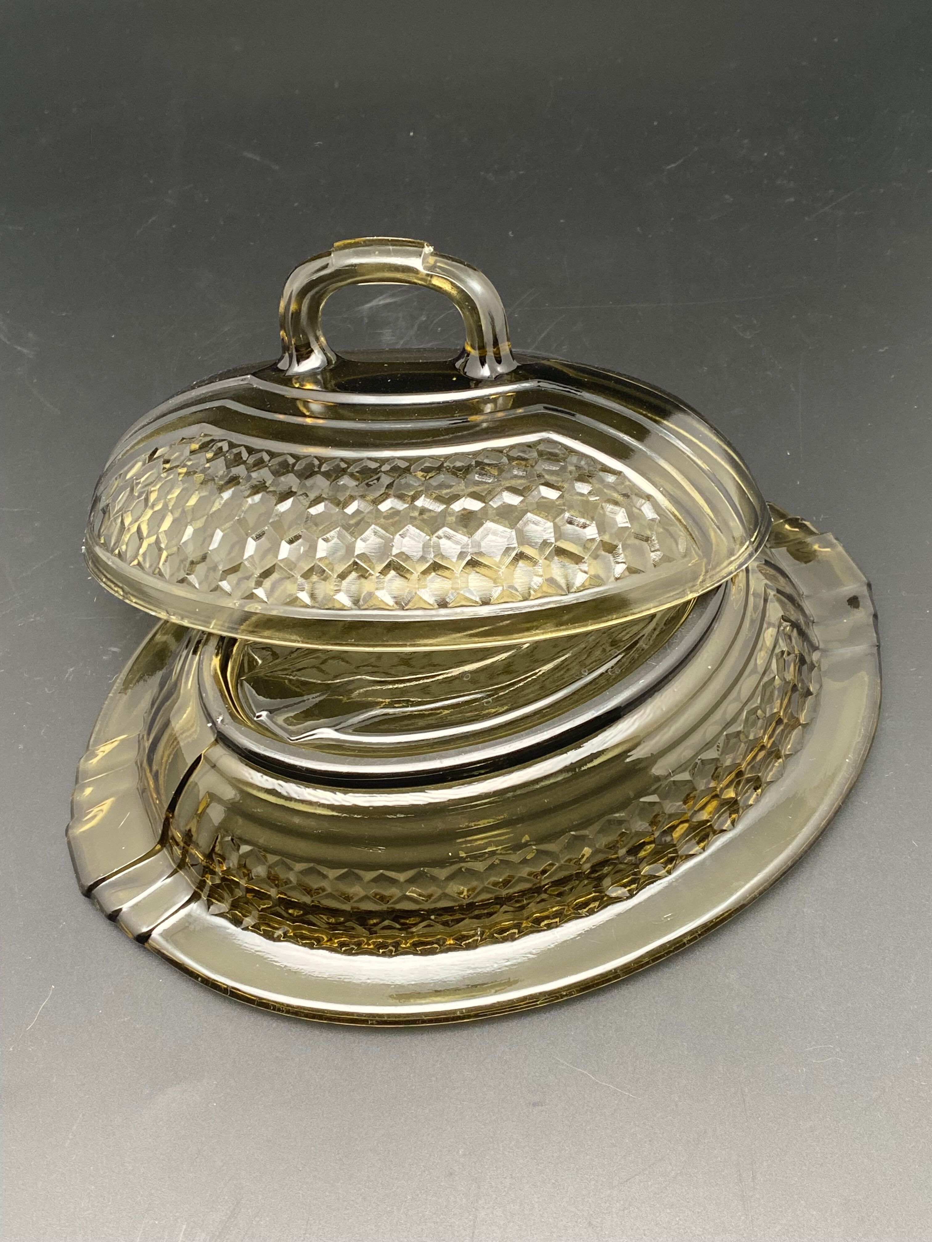 Butter dish or "little casserole" in black colored glass honeycomb pattern