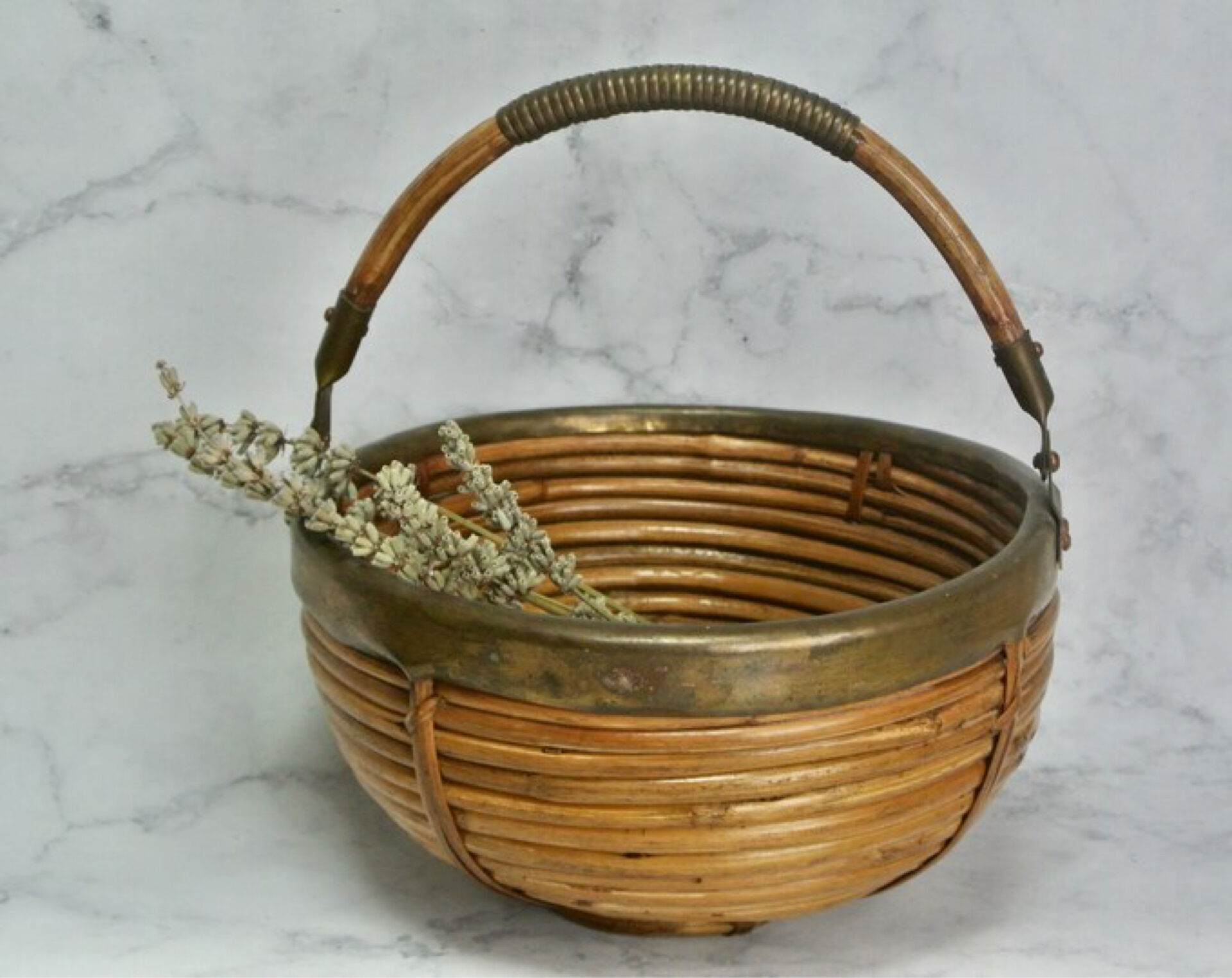 Vintage rattan and brass basket