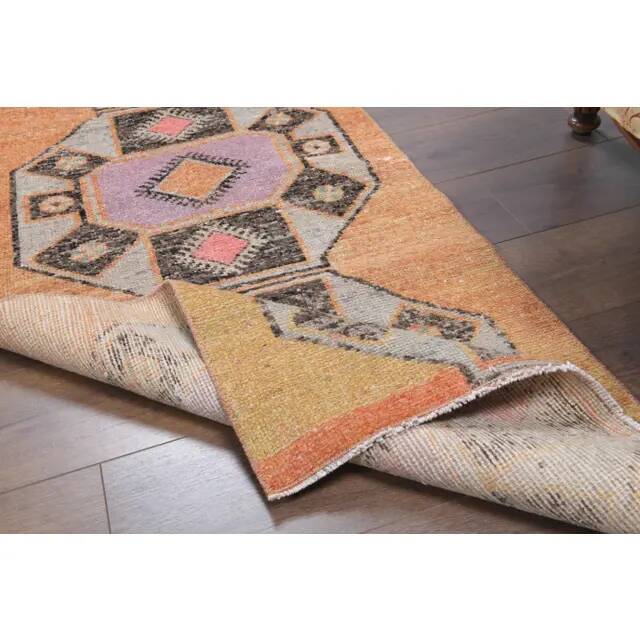 Tapis couloir vintage turc Oushak fait à la main en laine et coton orange 75x330
