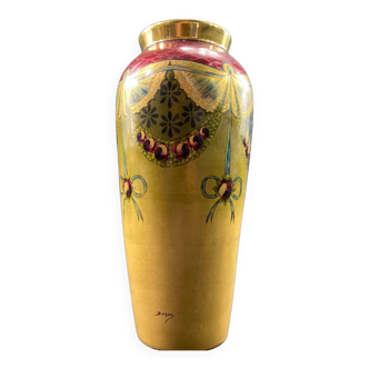 Limoges porcelain vase with Louis XVI style decoration on a gold background signed Buisson