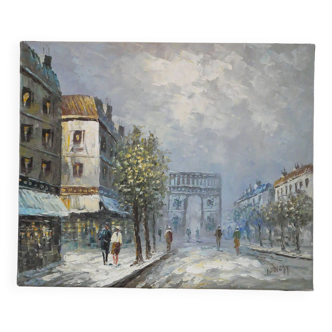 tableau / huile sur toile rues de Paris sous la neige vintage