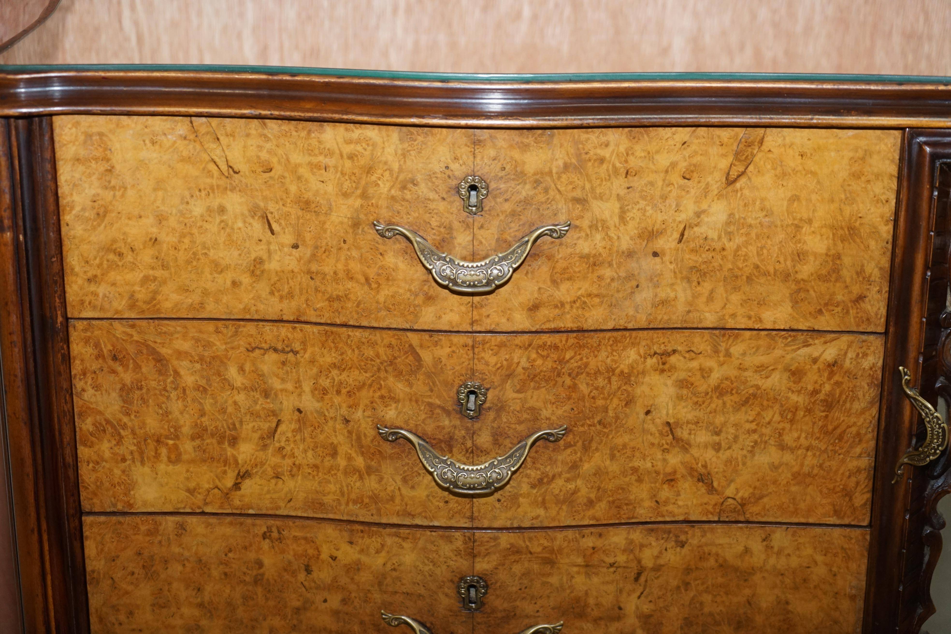 Vintage Italian Buffet in Walnut with Serpentine Front and Mirror Top
