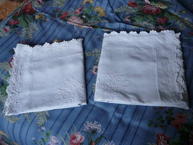 Old pair of pillowcases with openwork embroidery, monogrammed AR, 79x79cm.