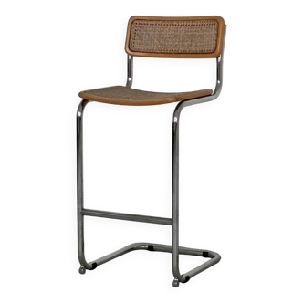 Tabouret de bar à assise tubulaire en rotin, style Marcel Breuer | Italie | Années 1970
