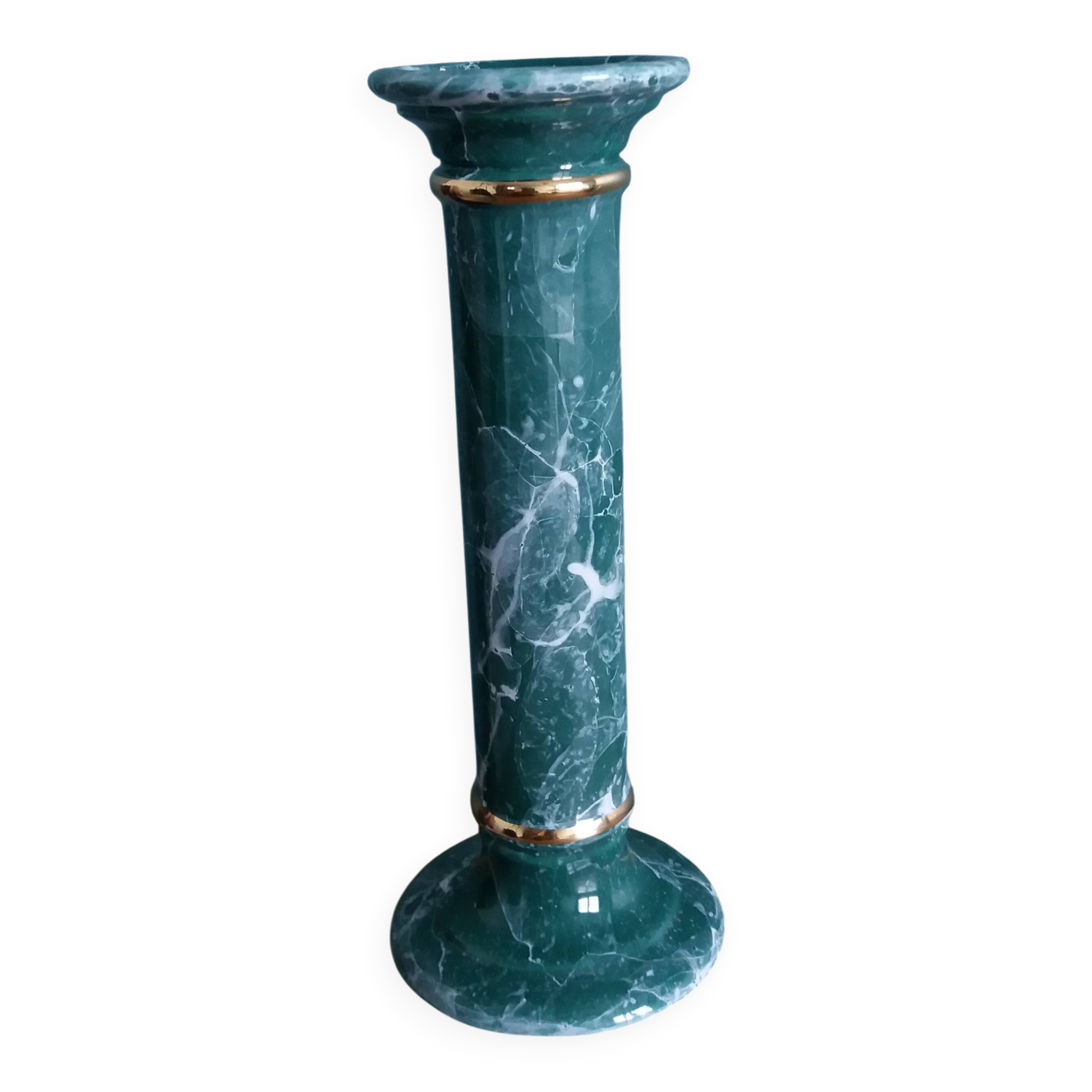 Bougeoir colonne en céramique effet marbre vert et or