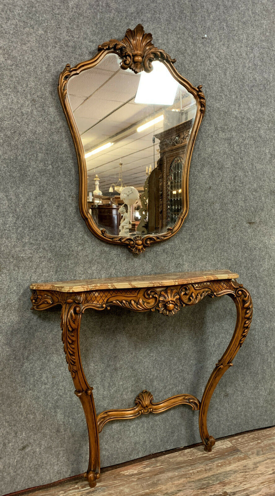 Louis XV Baroque console in natural wood with its mirror