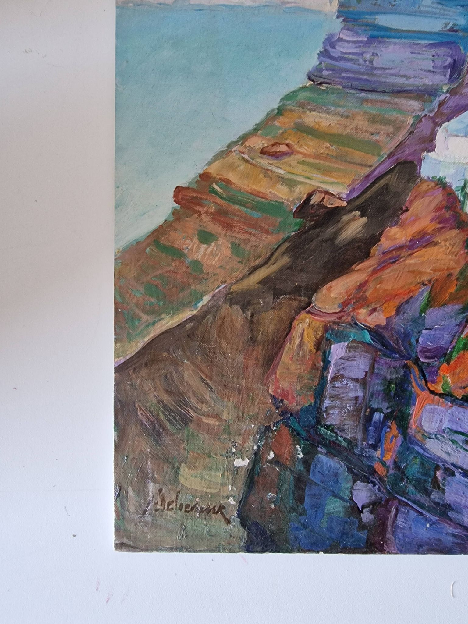 Vintage landscape painting of Greece Santorini island