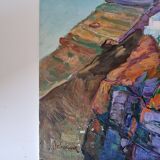 Vintage landscape painting of Greece Santorini island