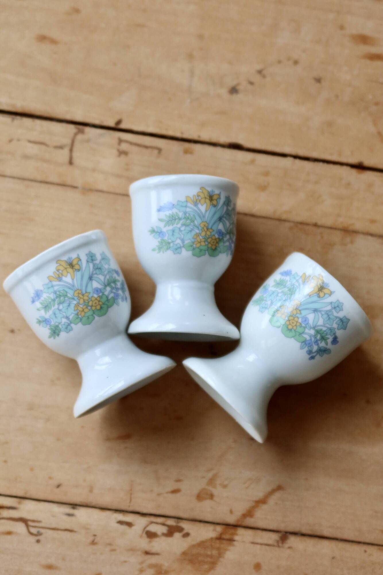 Coquetiers vintage porcelaine blanche motif fleuri