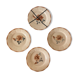 Set of 3 vintage Digoin pink plates, blue & brown stencil pattern
