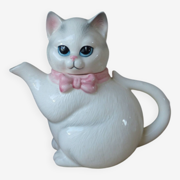 Ancienne Petite Théière Chat Blanc avec Ruban Rose en Céramique japon