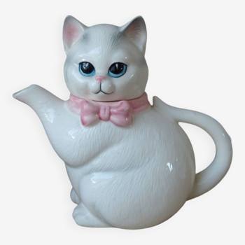 Old Small White Cat Teapot with Pink Ribbon in Japanese Ceramic