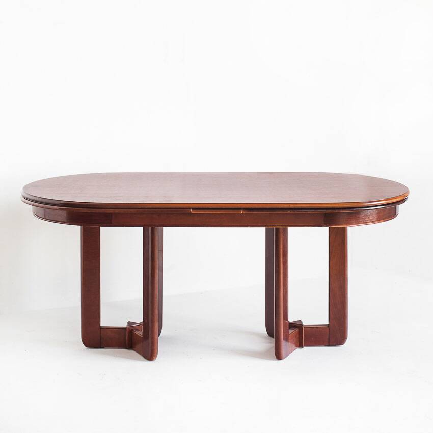 Vintage dining table with two extensions in varnished elm. Spain, 80s.