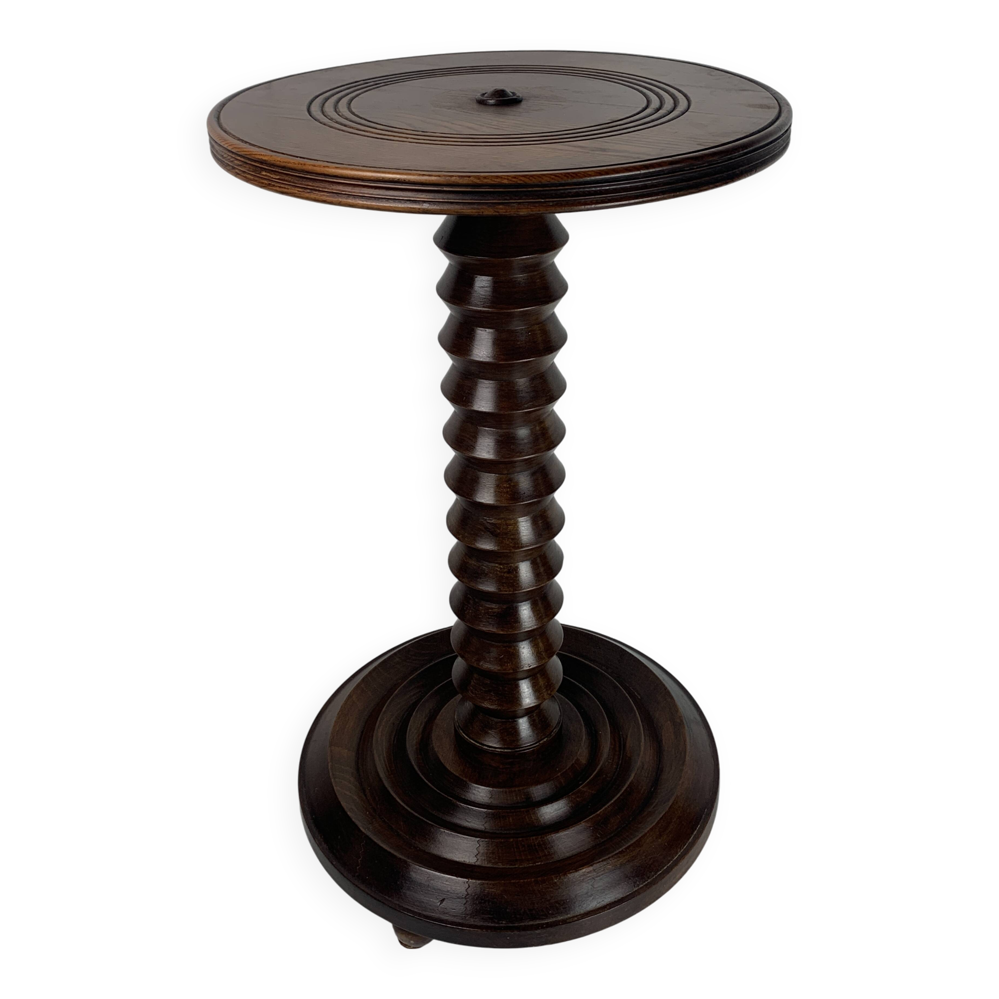 Brutalist French Wood Turned Wine Press Side Table in the style of Charles Dudouyt, France, 1940s