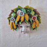 Vintage Italian ceramic wall mask, handmade, decorated with floral details