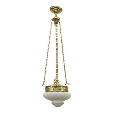 Art Nouveau Brass and Opaline Glass Secession Chandelier, Czechoslovakia