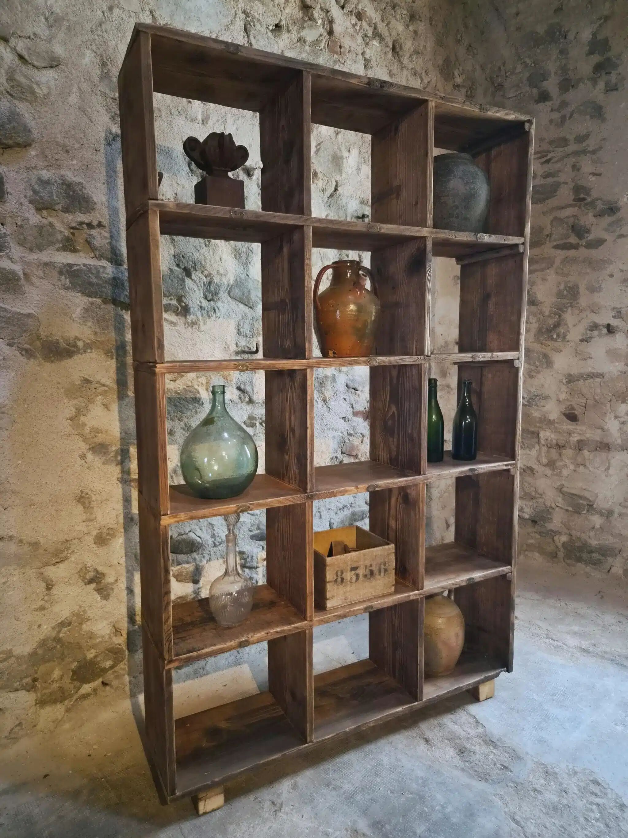 Old industrial shelf / room divider in pine, France, early 20th century