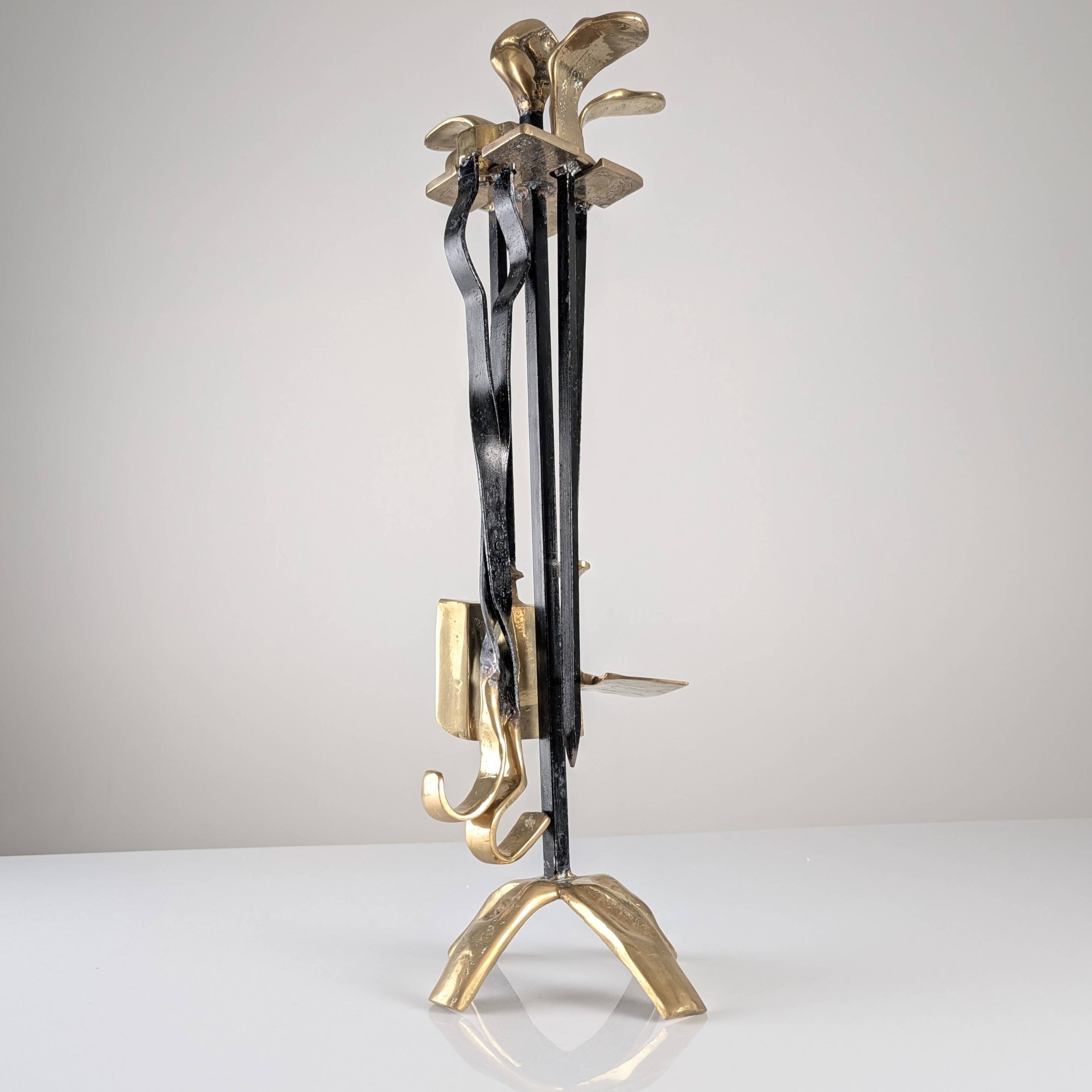 Brutalist iron and brass fireplace set by David Marshall, 1970s