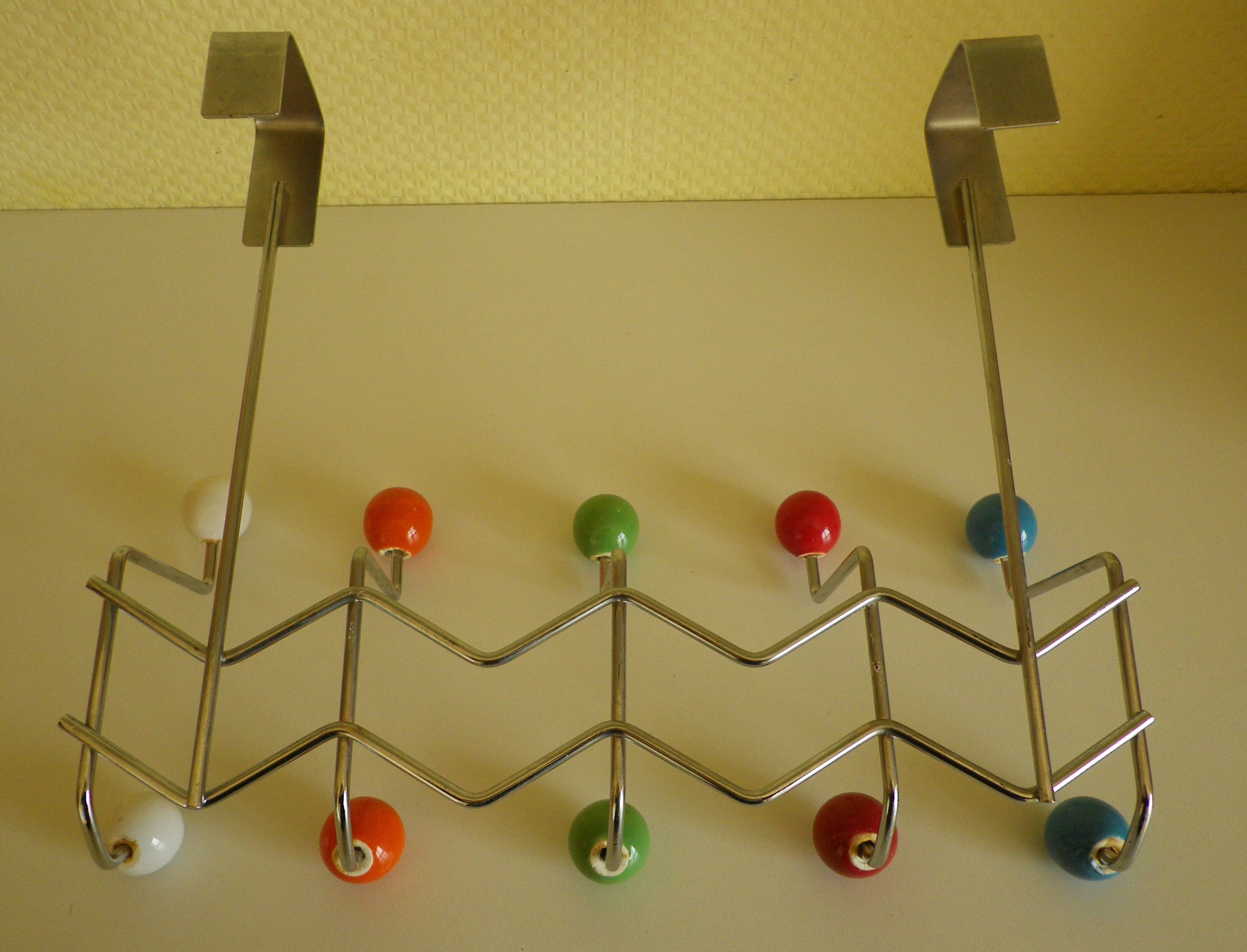 Door hook with 10 hooks-balls, metal and wood, 70s