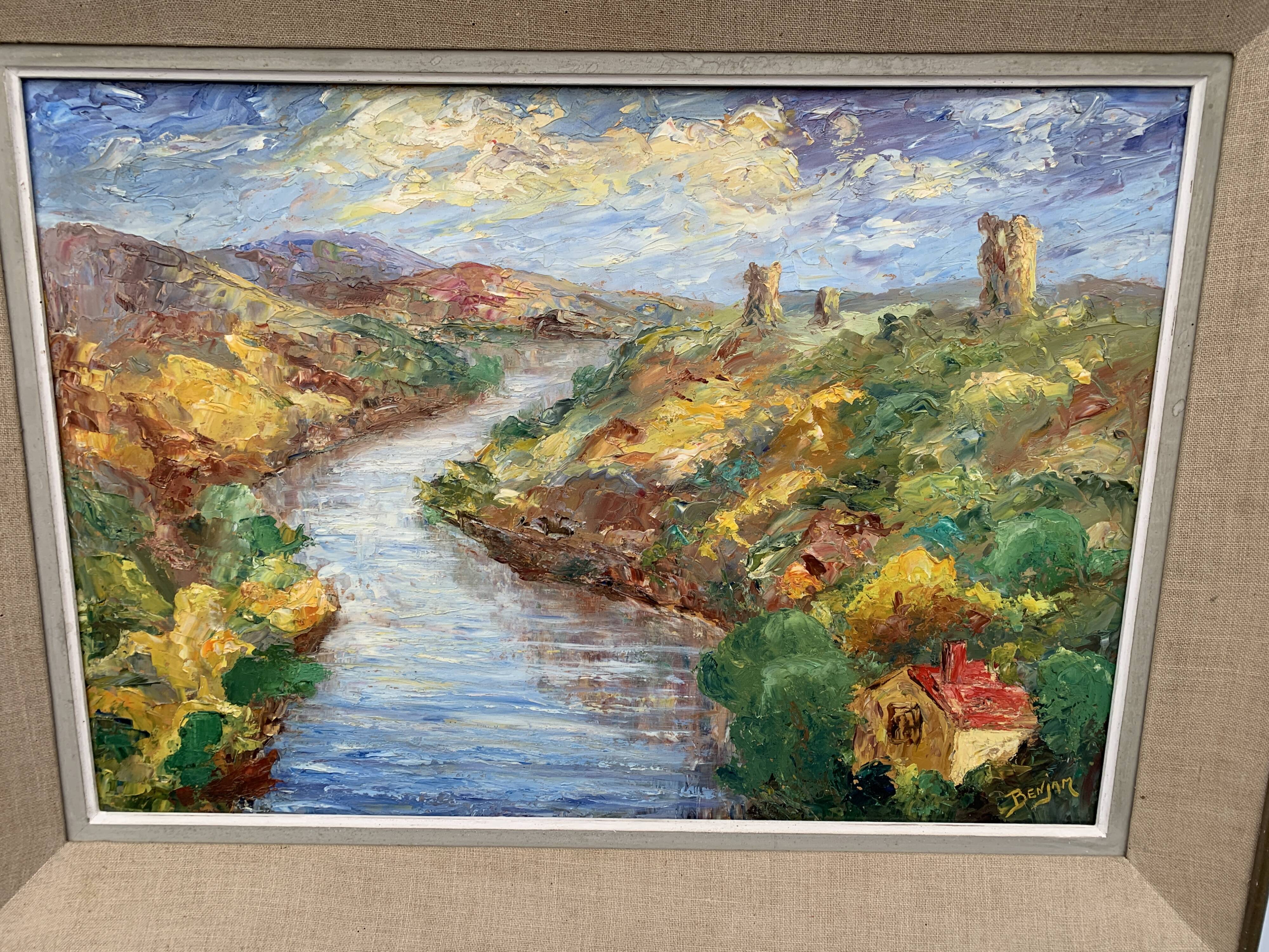 Colorful landscape painting with a river and hills signed Benjam