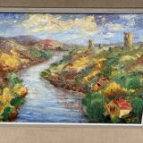 Colorful landscape painting with a river and hills signed Benjam
