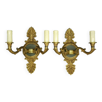 Pair of Empire style palmette sconces - bronze & green patina