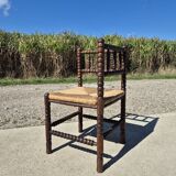 Vintage Dutch rustic corner chair bobbin turned oak with rush seating