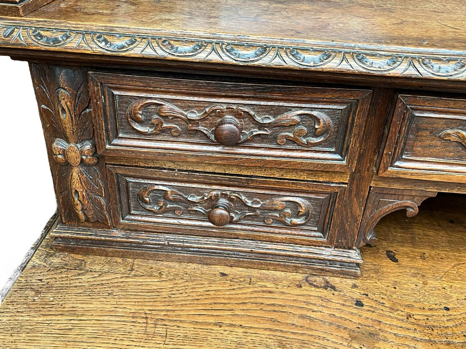 Desk with tiered secret drawer in solid oak Louis XIII