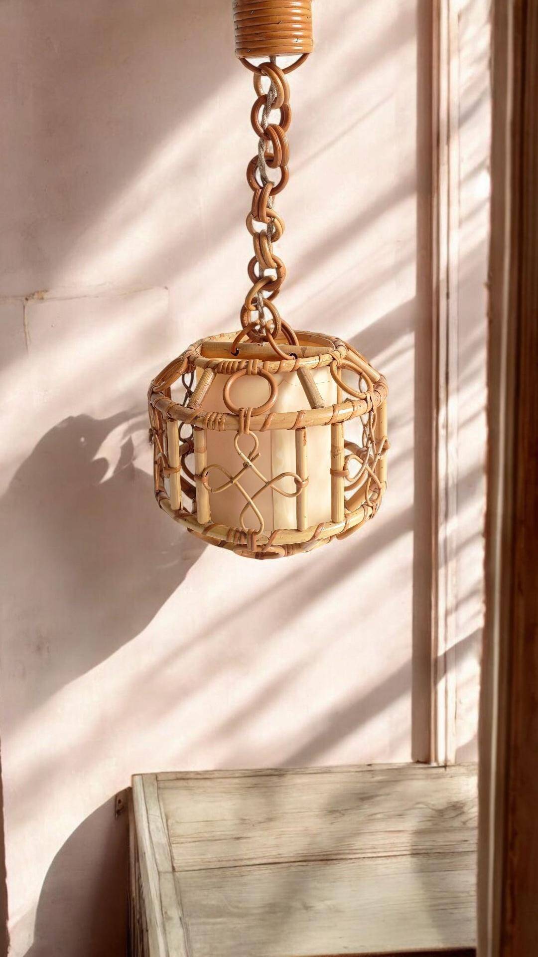 1960s Hand-Crafted Mid-Century Bamboo and Rattan Pendant Lamp, France