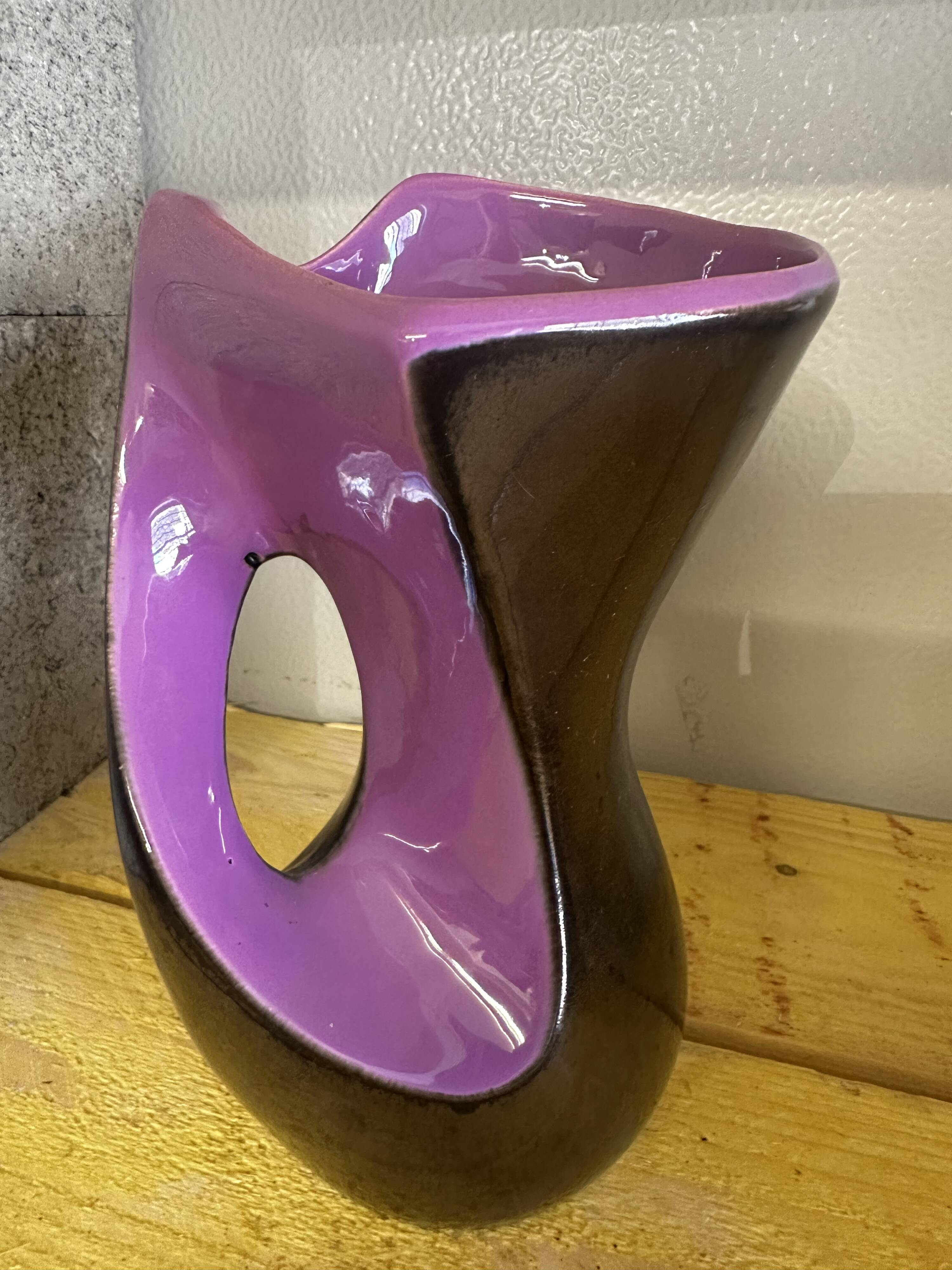 Free-form vase in iridescent black and mauve ceramic, Germany 1960