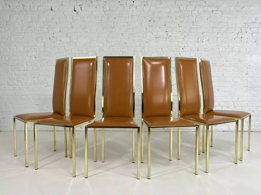 Set of 6 brass and leather chairs, Italian design from the 70s
