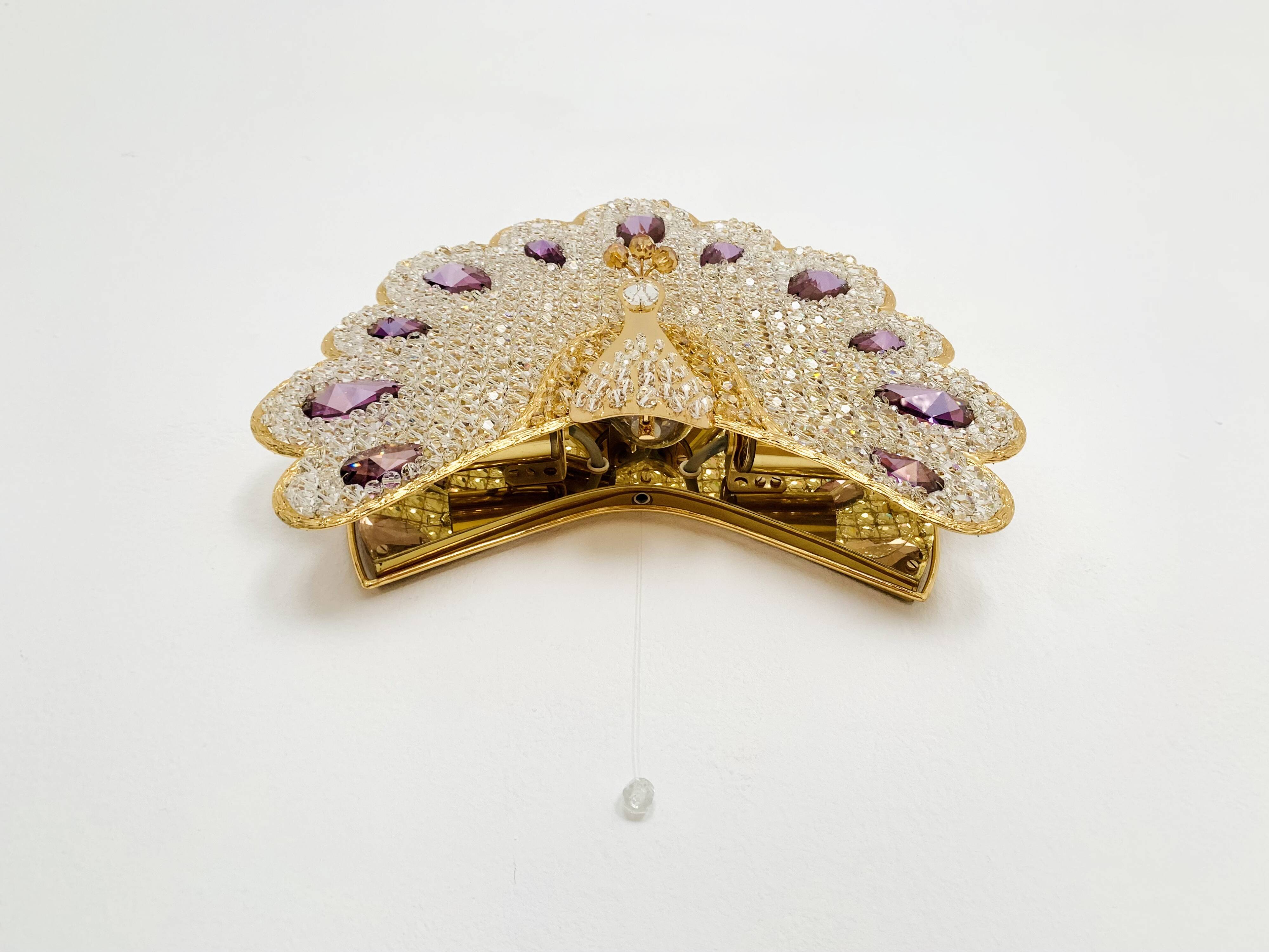 Ensemble de 2 appliques murales en verre cristal en forme de paon de Palwa