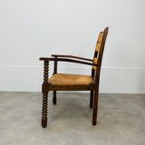 Straw and wood armchair brutalist art deco