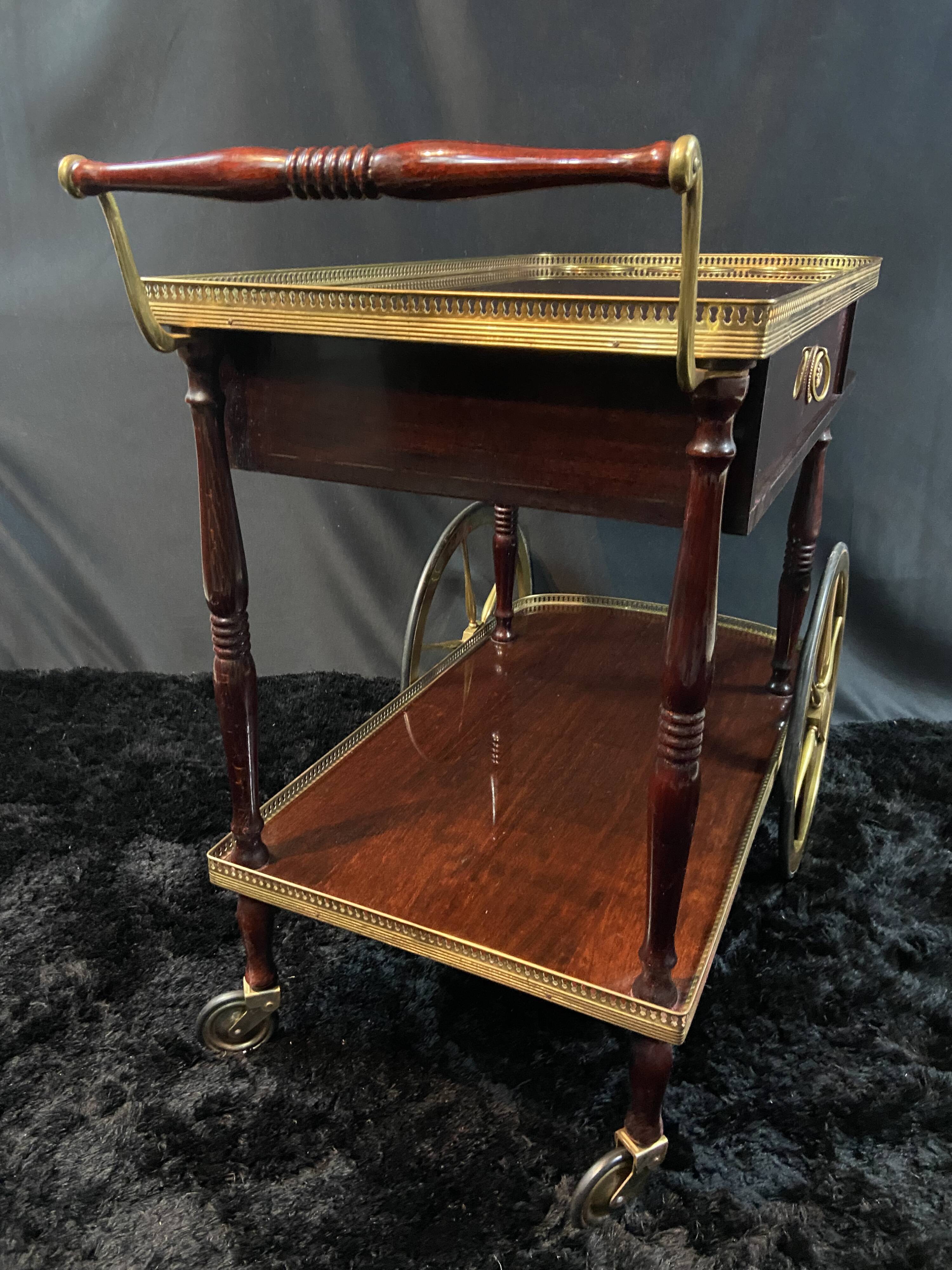 Rolling bar cart, bar trolley, bar rolling in varnished mahogany and brass