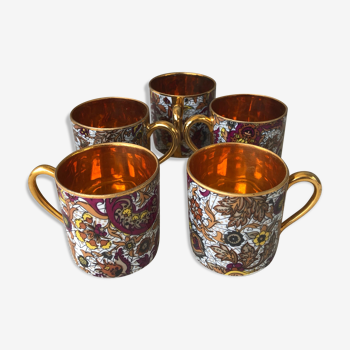 Tasses à café porcelaine Royal de Luxe motif cachemire intérieur or cuivré