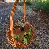 60s rattan hanging planter